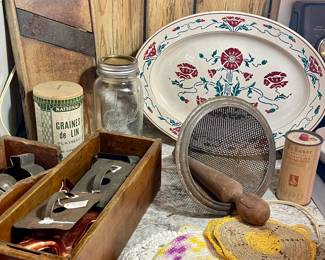 SIFTER, CROCHETED HOT PADS, OLD COOKIE CUTTERS