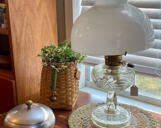 ANTIQUE OIL LAMP WITH MILKGLASS SHADE