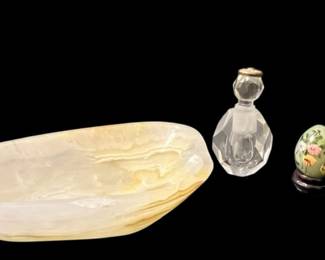 Jade Egg, Stone Dish, Glass Bottles