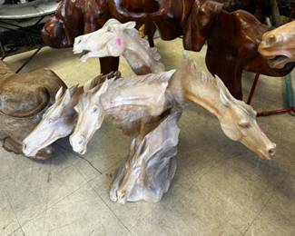 03 Large Wood Carved 4 Horse Bust