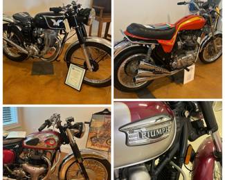 Clockwise: 1963 Matchless G3C, restored 2003, 229 miles, VIN C10464. $9,000. 1973 Triumph X75 Hurricane, 7197 miles,VIN TRX75XH02590. $30,000. 2001 Triumph Bonneville, 6,078 miles, $4,200.  1963 BSA A10 Super Rocket, 11,878 miles,VIN GA724266. $9,000.
