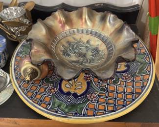 Pottery plate and carnival glass bowl