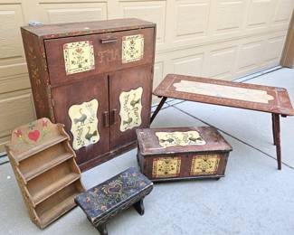 1940s Hand Painted Folk Art Furniture Lot – Pennsylvania Dutch Style - Secretary Desk, Table, Small Chest & More