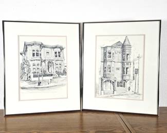 Lot #127 - Set of 2 Pen & Ink Architectural Drawings Victorian Houses San Francisco - Signed B. Howell - Each 16x20