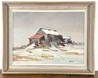 Lot #37 - Original Oil Painting "Seasons Encounter" Barn Winter Scene Signed Alfredson 29x23 Framed