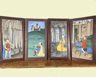 Lot #22 - Vintage Medieval Style Painted Wood Panels – 4 Panels, Musicians & Castles, Signed By Unknown Artist