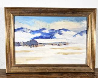 Lot #138 - Vintage Hazel Abbot Estate Oil Painting Snowy Mountain Landscape Winter Scene 18x24