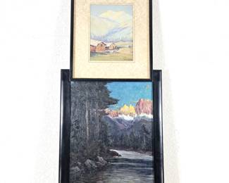 Lot #131 - Set of 2 Original Paintings by Henry L. Richter – 1937 Watercolor “Mountain Cabin” + Oil on Canvas Mountain Landscape