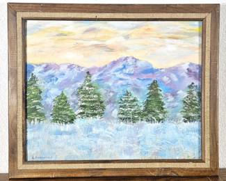 Lot #115 - Original Oil on Board Signed by Artist E. Hornreich - Framed 23 x 19 - Mountain Landscape w/ Pine Trees