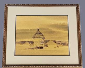 Lot #4 - Buffalo Kaplinski Original Watercolor “Corn Graneries in Old Mexico” 20 x 17 Framed SW Art - Carved Wood Frame