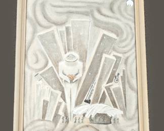 U Lot #1 - Vintage MCM Original Art “The Old and The New” Abstract Cityscape Art Deco Style Signed Mrs. John Sampson