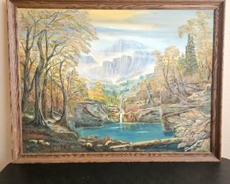 -Lot #12 - Original Painting on Canvas signed by Artist T.L. Cross - Framed 43 x 33 - Mountain Lake Wall Art