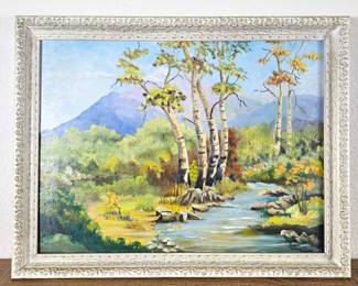 Lot #107 - Vintage Landscape Oil Painting by Artist E. Pedersen 1964 Mountain River Framed Art - America Fork Canyon, UT.