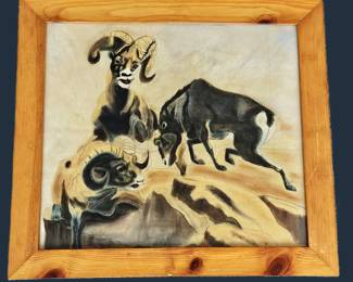 Lot #2 - Vintage Framed Ram Original Artwork 24.5"x22" – Bold Surreal Mountain Goat/Ram Painting - Unsigned