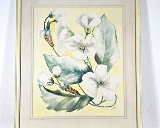Lot #20 - Vintage 1942 Watercolor Painting Signed E.M. Woehlke – White Flower Botanical Art, Framed 29" x 34"