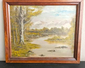 Lot #16 - Original Painting on Board - Mountain River in Autumn - Framed 24" x 20" - No Signature Seen
