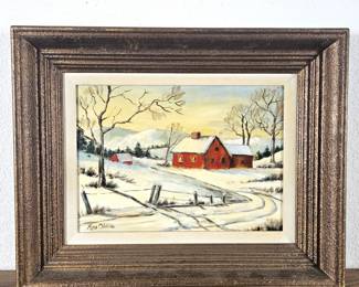 Lot #129 - Amy O’Toole Original Oil Painting Winter Landscape Red Barn Farmhouse Signed 20x16 Framed