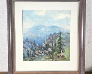 Lot #132 - Original Art Watercolor Signed by Artist Edna P. McKeage - Mountain Landscape Framed 17x18