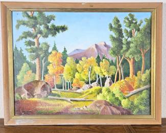 Lot #35 - Framed Landscape Oil Painting 1983 Colorful Fall Forest Signed by Unknown Artist - Art 27x21