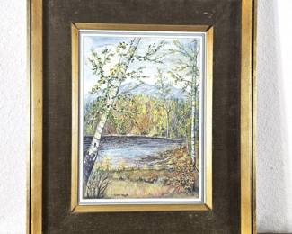 Lot #135 - Vintage 1970 John K. Holland Signed Watercolor Landscape Painting Birch Trees Lake Scene -Framed 19x23