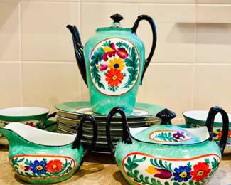 Lot #64 - Vintage Czechoslovakia Regent China Moravian Art Hand painted Tea Set – Teapot, Cups, Saucers, Plates