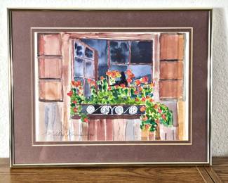 Lot #143 - Milton Morris 1994 Signed Watercolor – Window with Flowers, Framed 18x14