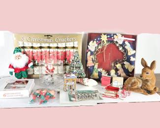 Lot #152 - Lot of Vintage Mid Century Christmas Decor Items - Nativity Wreath, Santas, Elves and More!