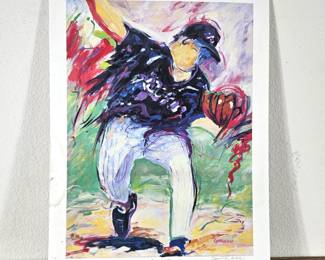 Lot #108 - Cynthia Wall Signed Ltd Ed Print “Bringin’ Heat” Baseball Pitcher Sports Art 419/950 - 20" x 26