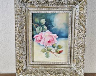 Lot #29 - Vintage Maudie Gaylor Hutchinson Original Oil on Canvas - Pink Roses Still Life - Deep Ornate Frame 15x18