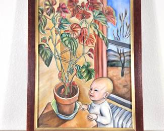 Lot #21 - Vintage Oil Painting Signed L.H. Emerson – Baby with Plant, Mid-Century Interior Scene, Framed