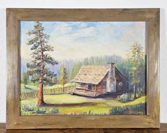 Lot #31 - 1939 Harold Cowan Oil Painting on Canvas Board - Log Cabin Landscape – Original Signed 28x22 Vintage