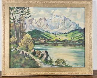 Lot #118 - Original Oil Painting Signed by Colorado Artist Virginia Wood in 1952 "Bavarian Lake" Framed 23.5" x 19.5"