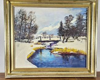 Lot #36 - Vintage Oil Painting Winter Mountain Stream Landscape 28x24 Framed