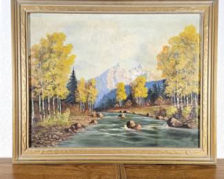 Lot #27 -Original oil on board, signed J.A. Speer. Landscape w/ autumn aspens, river, and mountains. Mid-20th century. Framed