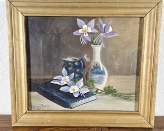 Lot #28 - 1897 Louis I. Pratt Oil on Canvas Still Life Painting Signed - Antique Gold Frame 15x13 - Still Life Floral