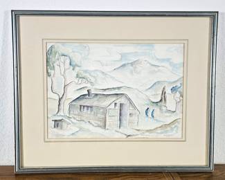 Lot #122 - 1930 Arch Music Watercolor Painting Cabin & Mountains Signed Vintage Landscape 20x16