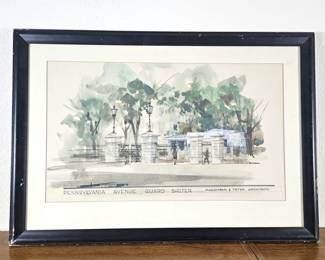 Lot #100 - Large Watercolor Architectural Art - 1600 Pennsylvania Ave. White House Guard Shelter - Framed 33x32