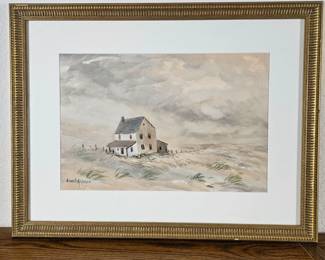 Lot #34 - Edna McKeage (1885-1971) Watercolor Landscape House on the Plains Signed & Framed 25x19 - Museum Glass