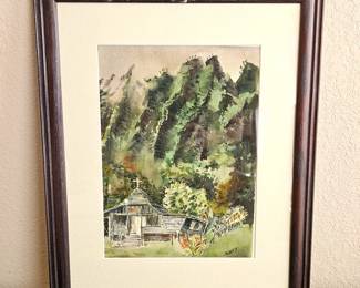 Lot #14 - Original Watercolor Signed by Artist - Framed 18.5" x 22.5" Old Mountain Chapel Wall art