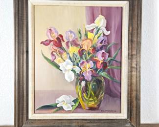 Lot #134 - 1954 Original Oil Painting by Mabel M. Snodgrass "Iris in Glass Vase" Framed Flowers - 25x28