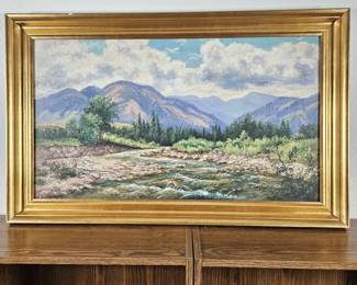 Lot #23 - Original Art Painting on Canvas Signed By Artist - Framed 38.5" x 24" - Mountain Landscape