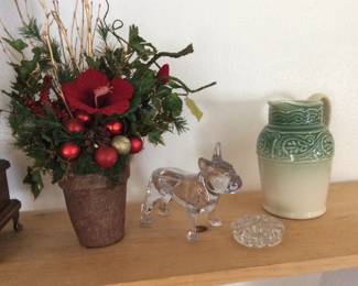 The glass boxer dog is vintage Flint glass with a lidded back, pitcher by Longaberger