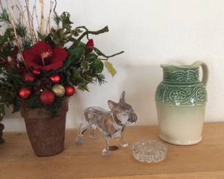 Glass boxer dog is vintage Flint glass, pitcher is by Longaberger