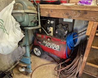 Vintage boat motor, air compressor.