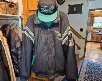 Eagles jacket and hat.