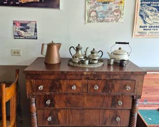 Old dresser. Copper pot.  Pewter set.