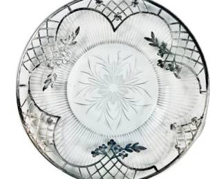 Sterling Silver Trellis Pattern Overlay On Cut Glass - 6.25 Inches - Signed "Sterling"