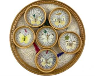 Vintage 1970's Bamboo Butterfly Serving Tray & 6 Coasters