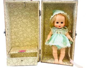 12 Inch 1960s Vogue Ginny Baby With Pink Travel Trunk,bundle Sac/sweater , Brush, Comp,mirror Sand Bottle