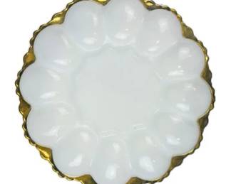 Anchor Hocking Fire King Milk Glass Deviled Egg Plate With 22K Gold Trim 1950s